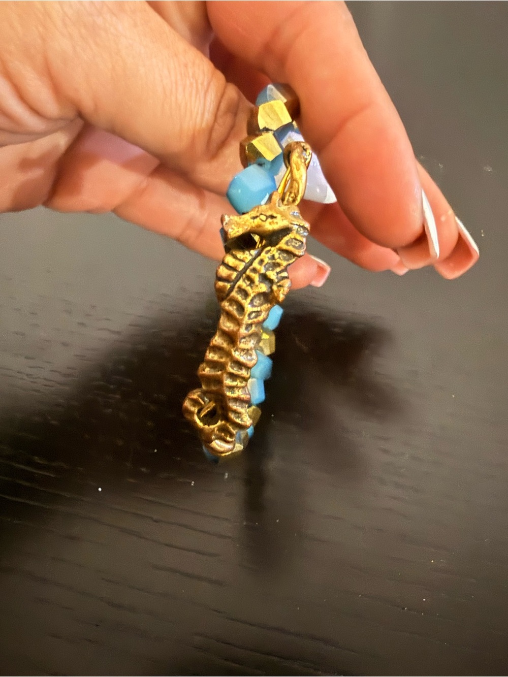 Alex and Ani Gold Seahorse Stretch Bracelet with Blue Beads